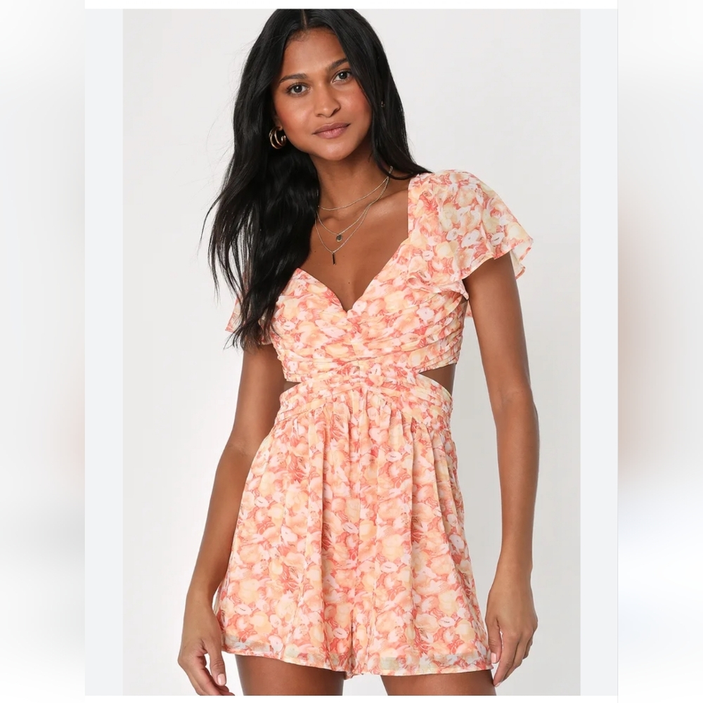 Lulu's Romper Always Flirtatious Orange Floral Print Lace-Up Backless Romper sm